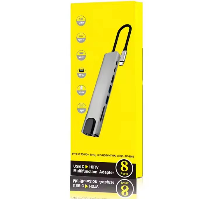 Adaptateur USB-C 8-en-1, en alliage de zinc, 8 ports, petite et portable pour la famille et le bureau