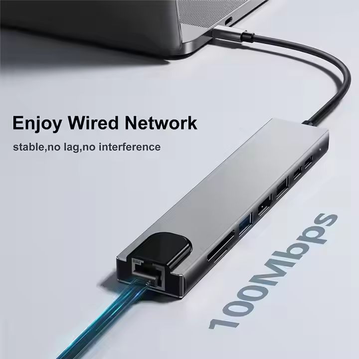 Adaptateur USB-C 8-en-1, en alliage de zinc, 8 ports, petite et portable pour la famille et le bureau